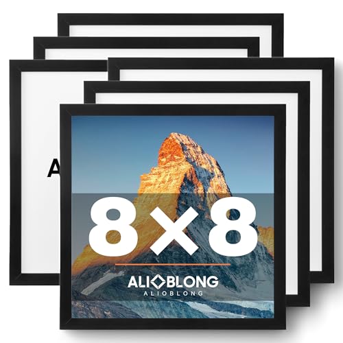 ALIOBLONG 8x8 Picture Frame Set of 6 Black Photo Frame for 8x8 Without Mat Thin Border Square Frame Horizontal and Vertical Formats for Wall Mount or Tabletop with Shatter-Resistant Acrylic Sheet