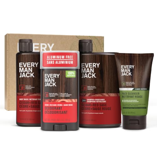 Every Man Jack Mens Bath and Body Gift Set - Cedar & Red Sage Scent - Clean Ingredients - Includes Hydrating Body Wash 2-in-1 Shampoo Aluminum-free Deodorant & Face Wash