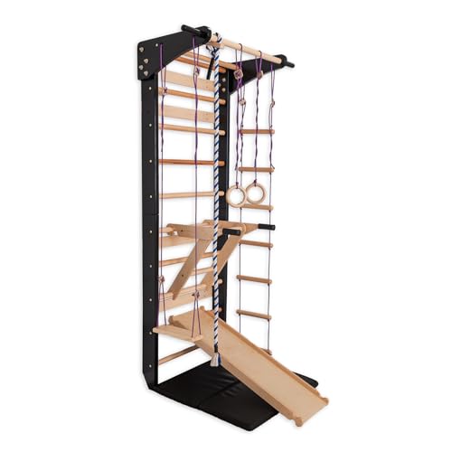 Escalera Sueca con Barras paralelas para niños y Adultos - Pared de Escalada de Madera, Equipo de Fitness multifunción con Anillos, tobogán, Columpio, Cuerda de Escalada y Escalera de Cuerda (Blanca)