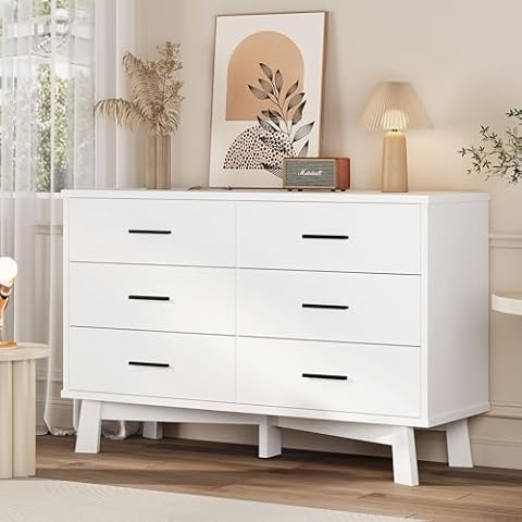 Xixini Dresser for Bedroom, 6 Drawer Wide Modern Chest of Drawers with X-Shaped Sturdy Base, Wood Double Dresser Closet Clothes Storage Organizer, Wooden TV Stand for Living Room, Hallway, White Cover