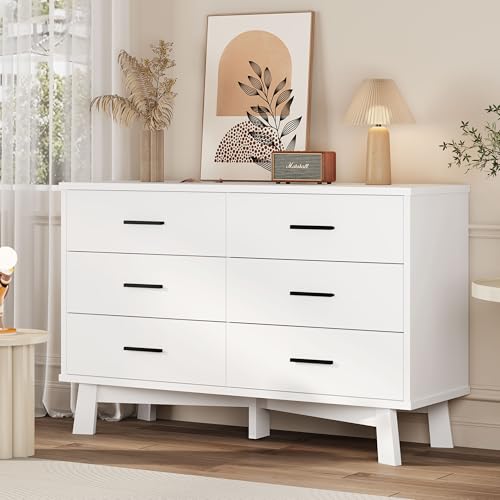 White 6-Drawer Modern Bedroom Dresser with X-Base