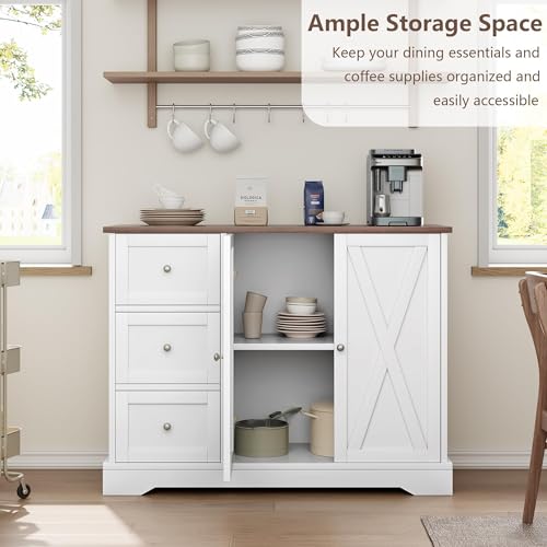 GarveeHome Buffet Cabinet with Storage, Farmhouse Kitchen Cabinet with 3 Drawers and 2 Doors for Kitchen, Dining Living Room, White