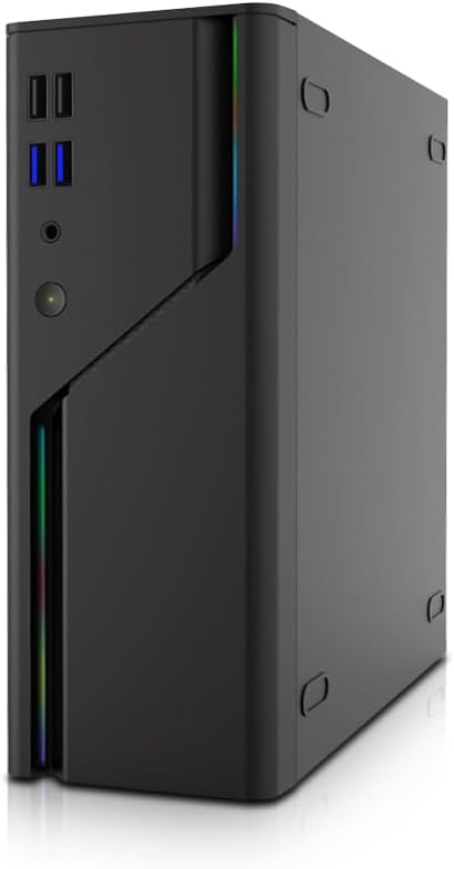 A09R Mini Computer Case with RGB LED Strip, 4 USB Ports, Slim Desktop, Black