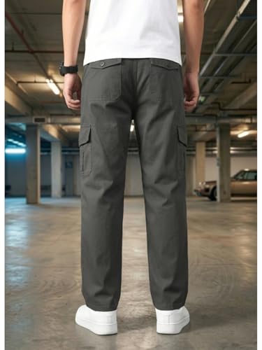 Image of Men's Cargo Trousers-100% Premium Cotton Regular Fit Lightweight Breathable Elastic Waist Multi-Pocket Casual Utility Pants