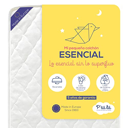 P'TIT LIT - Colchón de bebé Esencial - 60x120 cm - Climatizado: 1 Lado Verano / 1 Lado Invierno - OekoTex® - Hecho en Europa