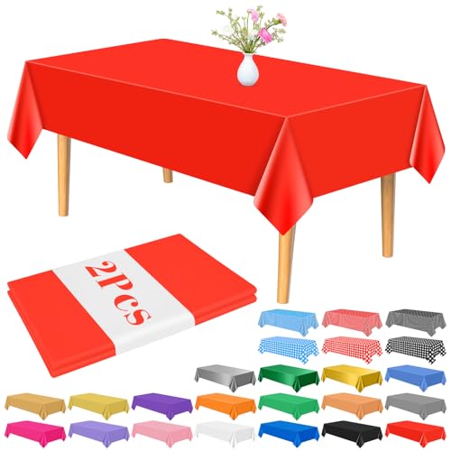 PLULON 2 Pcs Nappe Rouge Couverture de Table en Plastique 137 x 274 cm Couverture de Table Rectangle pour Mariage Anniversaire Fête de Noël Décorations de Table à la...