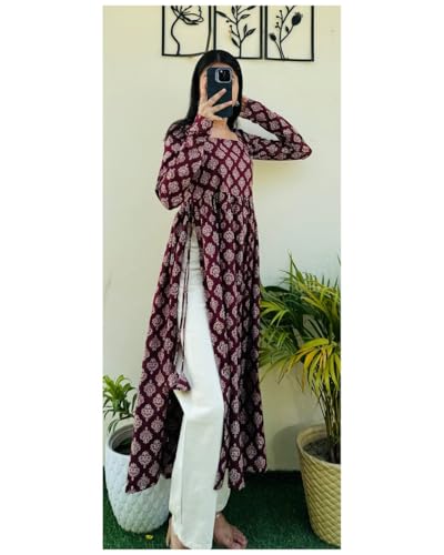 Image of Dhanna Fashion Women's Cotton Floral Print Kurta,Long Sleeve, A-Line Style