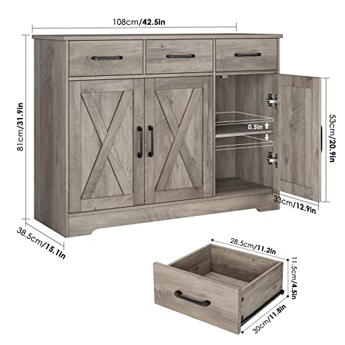 Hostack Modern Farmhouse Buffet Sideboard Cabinet, Barn Doors Storage Cabinet With Drawers And Shelves, Wood Coffee Bar Cabinet With Storage For Dining Room, Kitchen, Living Room, Bedroom, Ash Grey #TOP2