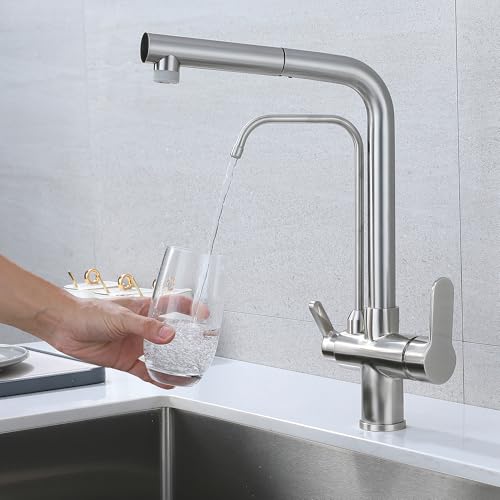 3 Way Kitchen Sink Tap With Pull Out Sprayer - 3 in 1 Drinking Water Filter Tap With Pull Down Sprayer (Brushed) - Image 4