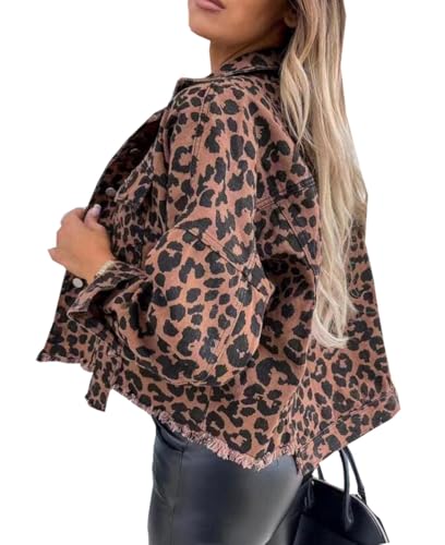 Women's leopard print fringed Loose denim jacket oversized Long Sleeve distressed jean jackets coat2