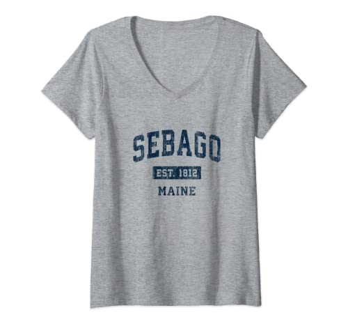 Womens Sebago Maine ME Vintage Sports Established Navy Design V-Neck T-Shirt