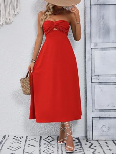 Image of SKAYS Womens Strapless Twist Knot Midi Dress Cutout A-line Tube Summer Cocktail Party Dress with Back Smock