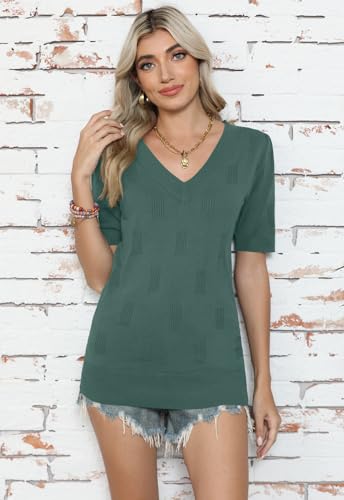 Yincro Womens Short Sleeve Sweaters Fall Summer Tops V Neck Lightweight Knit Pullovers3