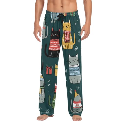 Cat Snowflake Pajama Pants for Men Comfort Sleep Lounge Bottoms Straight-fit with Pockets S-XXL
