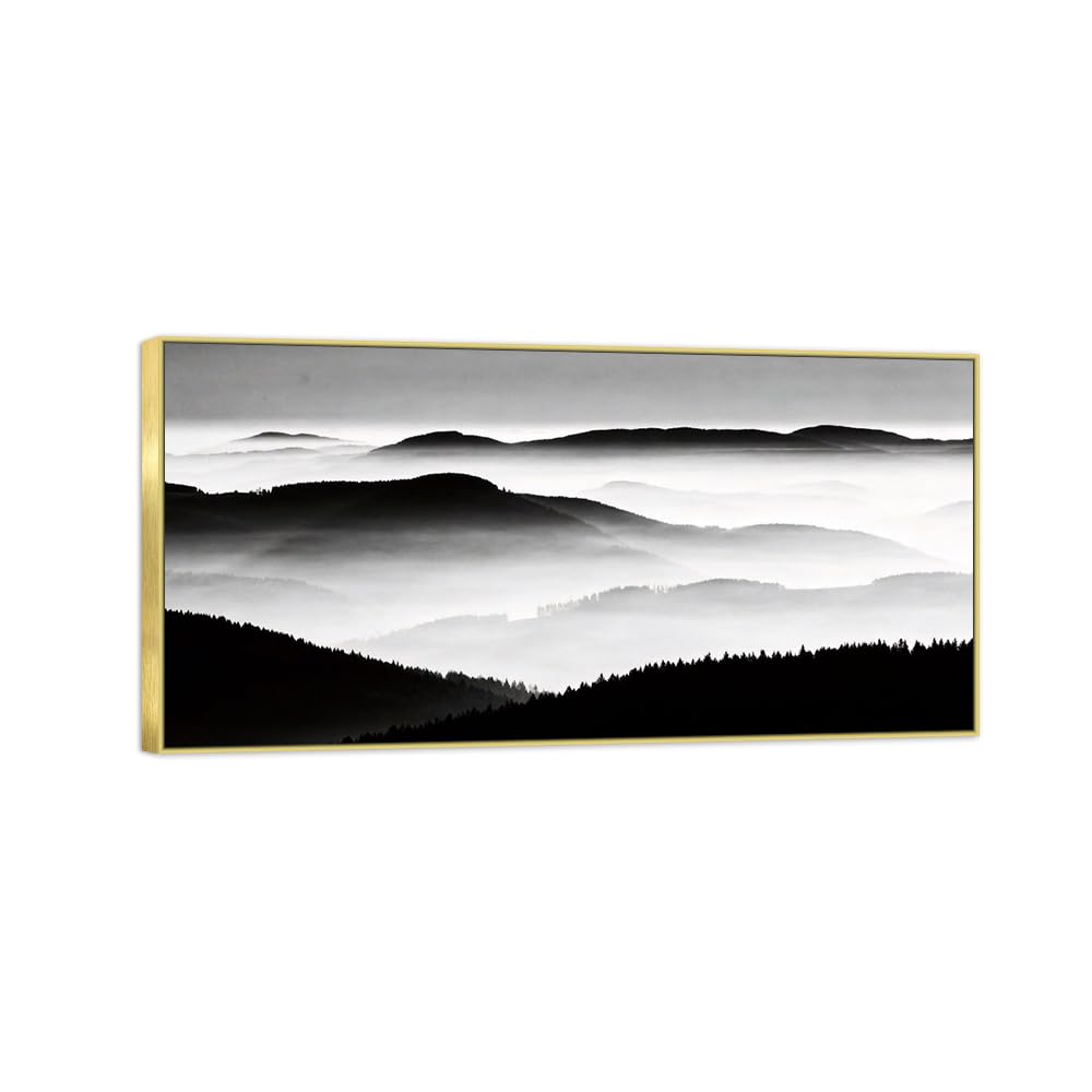 OZPWBVY Mountain Black White Landscape Canvas Picture 60x120cm Gold Frame