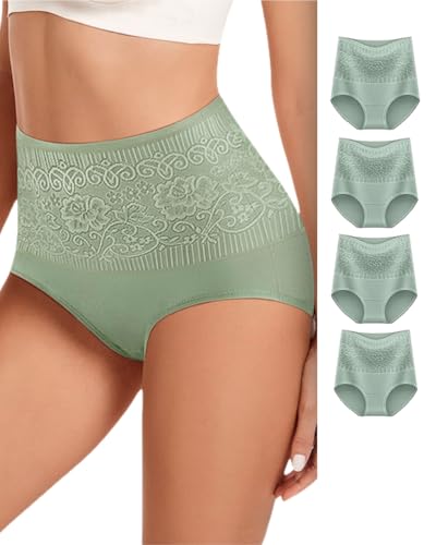 Image of Women's Lace Trim High Waisted Cotton Underwear Full Coverage Ladies Panties Tummy Control Briefs 4 Pack