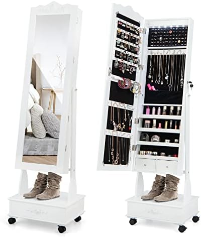 GOFLAME Jewelry Cabinet Armoire Freestanding, Lockable Jewelry Organizer with 3-position Adjustable Angle, Wheels, Full-length Mirror, Bottom Drawer, Jewelry Storage Box for Living Room Bedroom, White