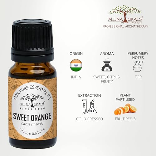 Image of All Naturals Orange Essential Oil (Sweet) 100% Pure for Aromatherapy, Alertness Concentration & Termites - 15 mL