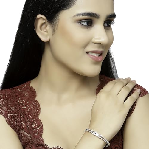 Image of ZENEME Rhodium-Plated American Diamond Studded Flower Patterned Kada Bracelet For Girls and Women