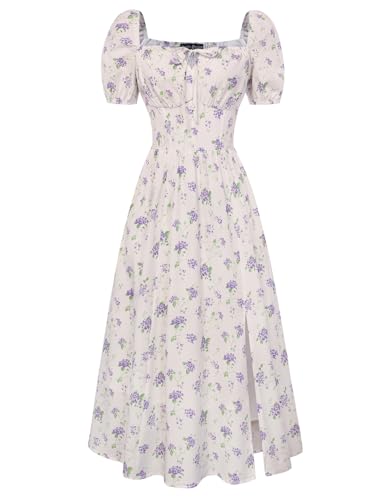 Image of Scarlet Darkness Women's Floral Corset Dress with Split 2026 Summer Spring Square Neck Midi Milkmaid Dresses White Purple Bouquet-Floral L