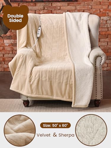 Image of Bearhug Electric Blanket Throw Size, 50 inch x 60 inch Heated Blanket with 6 Heating Levels & 4H Auto Shut-Off, Machine Washable Soft Velvet to Sherpa Reversible Heated Throw for Office, Couch and Sofa Beige