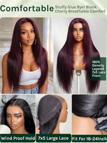 Image of KLAIYI Black Cherry Layered Straight 7x5 Pre Cut Lace Front Wigs Human Hair Bye Bye Knots Glueless Ready to Wear Go Wig Pre Plucked Pre Bleached Dark Burgundy Wine Red Beginner Wig 180% Density 22Inch