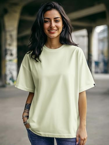 Image of Bewakoof Women's Solid Oversized Fit Half Sleeve Round Neck Cotton Jersey T-Shirt