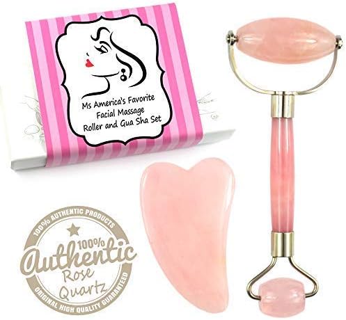 Rose Quartz Roller & Gua Sha Board | Made Of Stainless Steel Frame & Rose Quartz Crystal | Facial Massage To Reduce Puffiness & Inflammation | Helps Spread Facial Serums & Oils | Anti Aging Tool Set