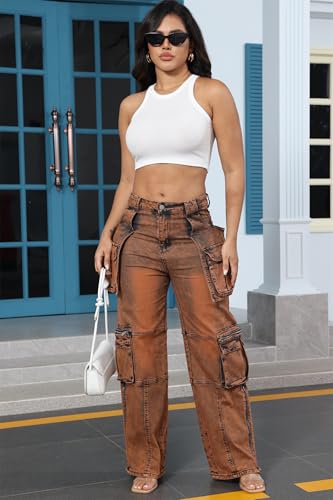 Women's High Waist Baggy Cargo Jeans Zipper Side Slit Straight Wide Leg Stretchy Denim Pants Y2K Streetwear with Pockets2