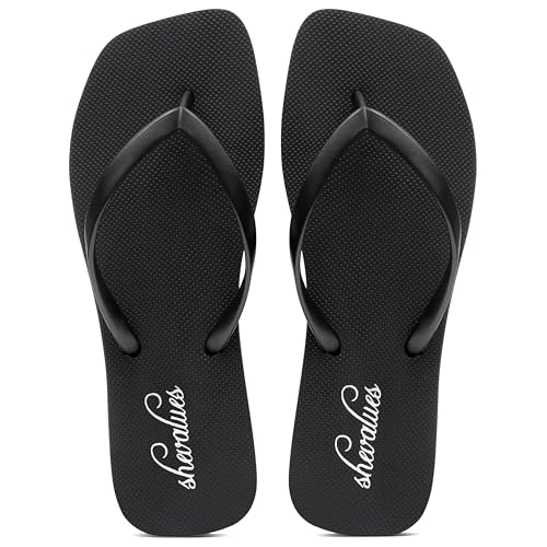 shevalues Women's Slim Square Toe Flip Flops Comfortable Summer Rubber Thong Sandals for Beach, Shower & Pool, Black, EU39