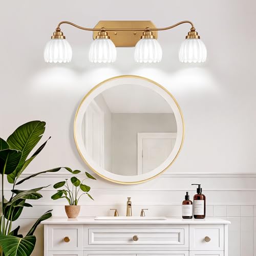 Image of Vintage Bathroom Light Fixtures, Gold Bathroom Vanity Light, Matte Antique Brass Finish with Crystal Glass Shade, Wall Sconces Lighting for Bedroom, Living Room, Hallway (Milk White, 4-Light)