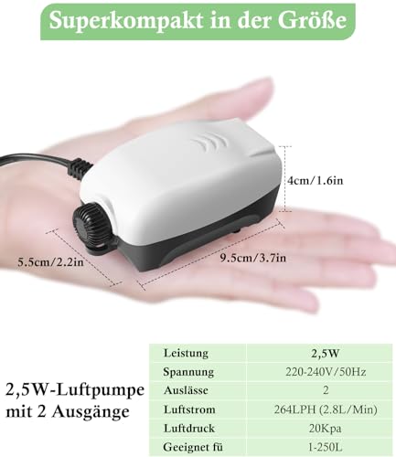 FEDOUR 2,5W Nano Whisper Aquarium Luftpumpe, 264LPH Leiser Einstellbar Sauerstoffpumpe mit 2 Ausgänge, Belüfter für 1-250L Aquarium