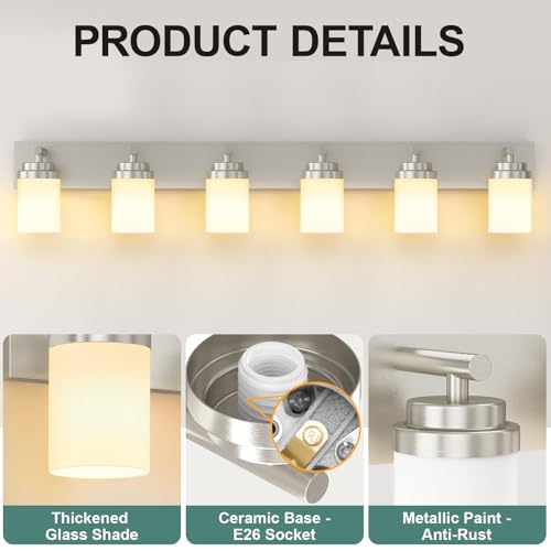 Image of IZORRO Bathroom Vanity Light Fixture, 6-Light 46 Inch Brushed Nickel Bathroom Light Fixtures Over Mirror, with White Glass Shade, Modern Farmhouse Vanity Lights, Rustic Restroom Lighting Fixtures