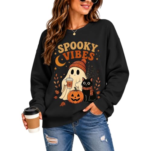 KWVOEBQ Halloween Tops for Women Black S Crew Neck Ghost Print Pullover - image 5