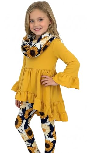 Image of Unique Baby Girls Kids Toddler 3pc Outfit Set Long Sleeve Cotton Blend Tunic Top Leggings and Scarf
