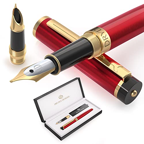 Dryden Designs Fountain Pen - Medium and Fine Nibs | Includes Luxury Box, Ink Cartridges - 3 Black 3 Blue and Ink Refill Converter - Royal Red