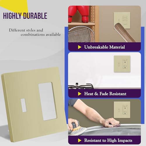 Image of ENERLITES Combination Toggle Light Switch /Decorator Light Switch Plate, Double Switch Wall Plate, Standard Size 2-Gang 4.68 inch x 4.73 inch, Polycarbonate Thermoplastic, Gloss Finish, SI881131-I, Ivory