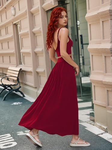 Image of Women Sexy 2 Piece Outfits Dress Chiffon Strap Deep V Neck Bra Crop Top High Split Maxi Dresses Skirt Set