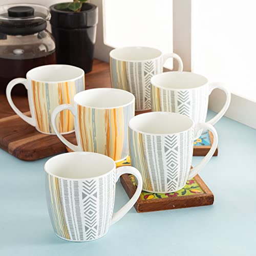 Image of Clay Craft Fine Ceramic Striped Tea Cups /Mugs Set of 6-180 ml Each, Tea Cup Set of 6, Microwave & Dishwasher Safe, Mugs for Coffee, Cups Set of 6, Mug Set, Gift Set, Ideal for Gifting