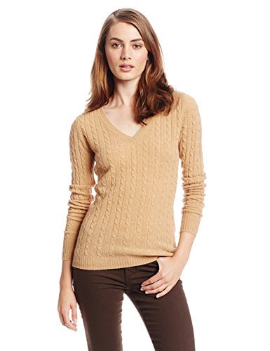 bela.nyc Women's 100% Cashmere Cable V-Neck Sweater