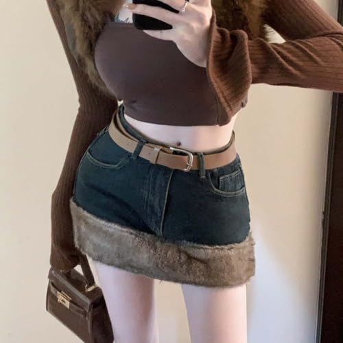 Autumn and Winter Women's Plush Edge Denim Short Skirt, High Waist Tight Denim Belt Skirt4