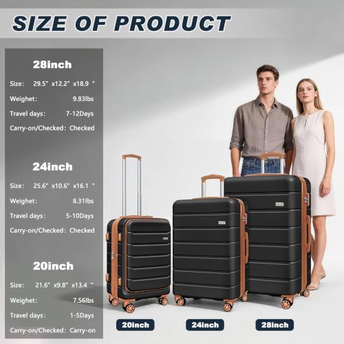 Image of KEYTANG SmileLine 3-Piece Luggage Set Lightweight Hardside Suitcase TSA Lock Spinner Wheels, 20 inch Expandable Carry-On Luggage with Quick Access Front Open Pocket, Bonus Makeup Bag,Apricot Black