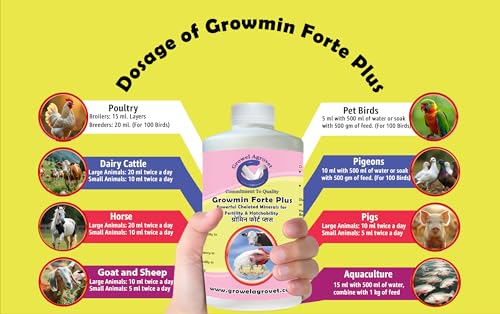 Growel Agrovet Chelated Growmin Forte Plus – Chelated Minerals, Contains 11 Essential Minerals for Aqua, Poultry, Cattle, Horse, Pig, Goat, Sheep, Pigeon and Birds - 1000 ml.