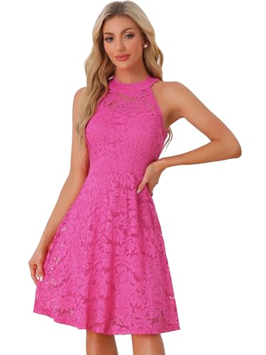 Allegra K Damen Spitzenkleid, Neckholder, Ärmellos, Elegantes A-Linie Cocktail Party Kleid Heiß Rosa S