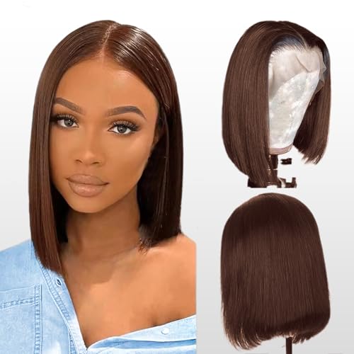 Lace Front Bob Wig Human Hair 13X4 Lace Front Wig Bob Lace Wig Brazilian Virgin Wig Human Hair 150% Density Short Straight Bob Wigs Natural HD Transparent Chocolate Brown Color 16 Inch