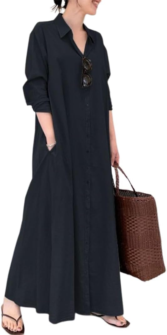 Womens Long Sleeve Cotton Linen Maxi Shirt Dress Plus Size Casual Loose Lapel Button Down Long Dress with Pockets