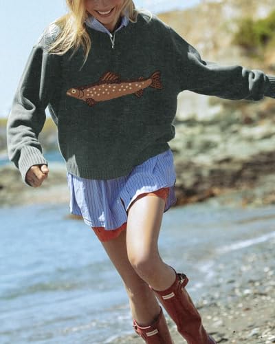 CHARTOU Women Fashion Crew Neck Rib Knit Crucian Carp Graphic Oversized Y2k Pullover Sweater Jumper3