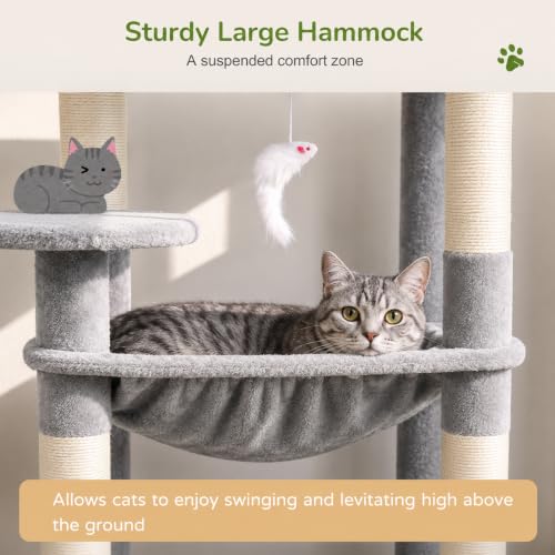Image of Globlazer Cat Tree Tower with Scratching Post for Indoor Cats, 53inch Tall Plush Multi-Level Cat Climbing Tower Condo House with Large Hammock, Spacious Cat Cave, Padded Top Perch Bed, F53, Light Gray