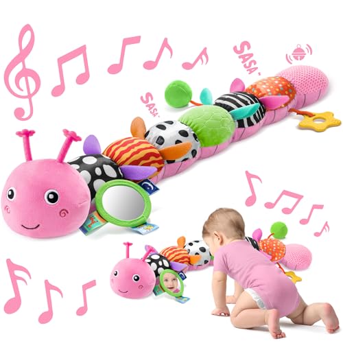 Image of Sumobaby Baby Toys 0-6 6-12 Months,Music Caterpillar Plush Toy with Baby Mirror, Pull String&Crinkle Rattle,Infant Sensory Toys,Tummy Time for 0-3-6-12 Month Boys Girls Newborn Gifts (Pink-Leaf)