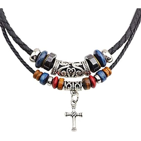 SMALLLOVE Vintage Boho Style Double Layers Black Braided Hemp Leather Adjustable Tribal Necklace with Charm Cross Pendant，Wood Beads (Cross) Cover